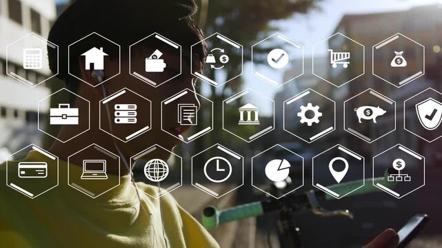 Man tapping phone on urban sidewalk, generating tech hex grid populating and showing app functions