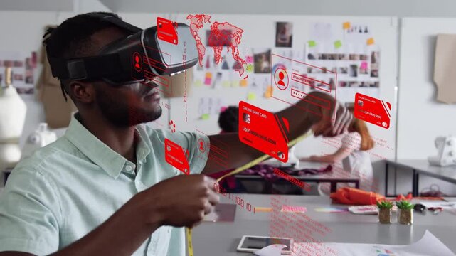 Man using VR activating responsive holograms, pulling yellow tape, measuring cloth for fashion