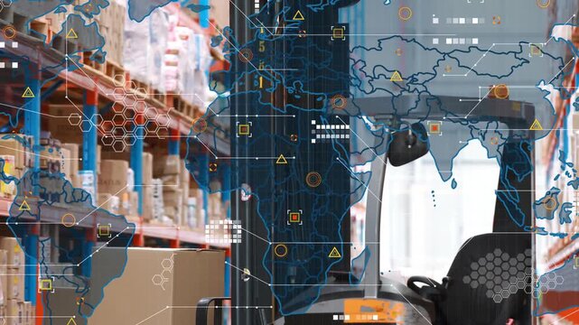 Map overlay appearing icons adding frame zooming and revealing forklift and pallet showing network