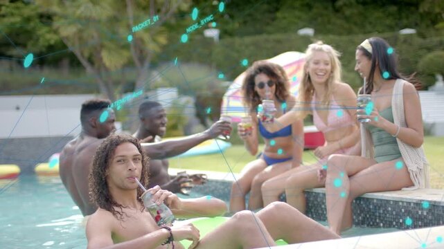 Lifestyle friends lounging by pool, phone reveal sparking laughter and toasting as teal bars moving