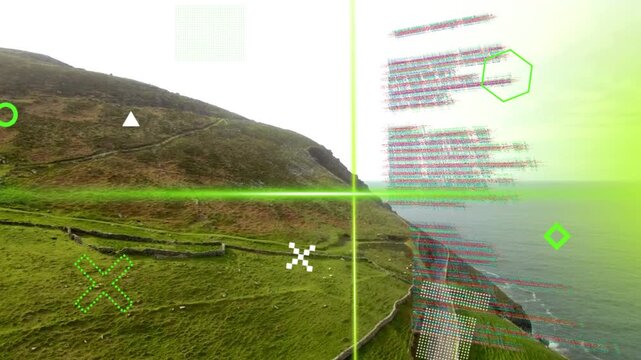 Grassy coastal hillside remaining steady while green overlays entering from right, showing HUD data