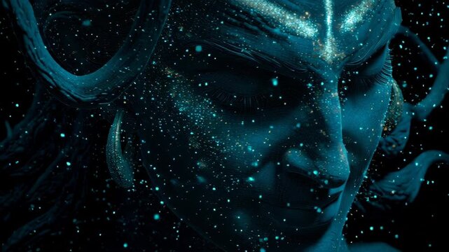 Blue glowing Lord Shiva face with floating particles in meditation