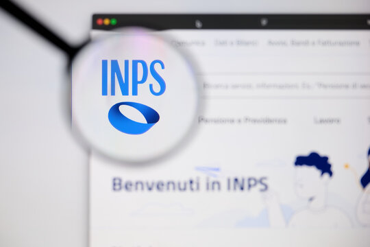 Milan, Italy - 2026, 20 Apr: INPS logo displayed under a magnifying glass on laptop screen displaying the