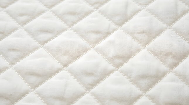 Close up of a white quilted fabric with a repeating diamond stitch pattern showcasing its soft texture and detail