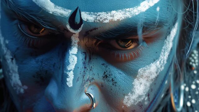 Close-up portrait of Lord Shiva with intense eyes and blue face paint