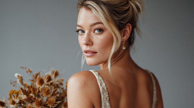 Glamorous blonde bride looking back over her shoulder with bouquet