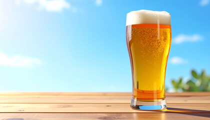 Fototapeta premium 青空を背景に木製テーブルの上に置かれた冷えたビール 泡立つ黄金色のビールジョッキと夏らしい屋外の開放的な雰囲気 飲食店や飲み会広告の販促用イメージ素材