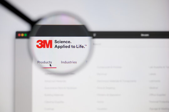 Milan, Italy - 2026, 20 Apr: 3M logo displayed under a magnifying glass on laptop screen displaying the 3M