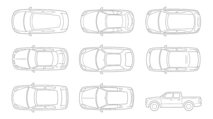 A schematic top down view displays nine vehicle outlines including various car models and a pickup truck rendered in simple line art high quality professional detailed © Ultimate