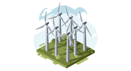 Obraz premium Isometric illustration of wind turbines on a green field representing sustainable energy