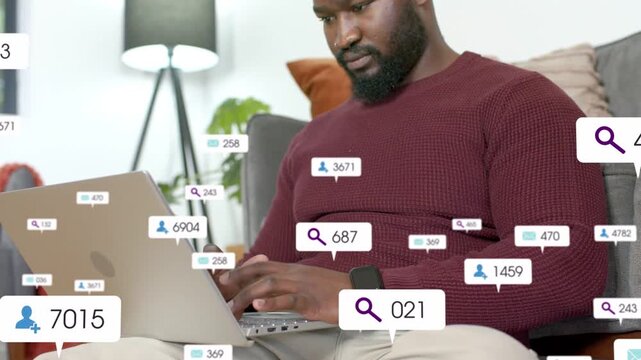 Man typing on laptop, camera rising, UI rising, clustering over hands, thinning for remote work