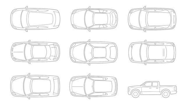 A schematic top down view displays nine vehicle outlines including various car models and a pickup truck rendered in simple line art high quality professional detailed