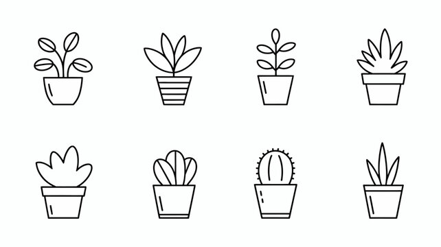 A collection of minimalist line art illustrations depicts eight potted plants including succulents and leafy greens arranged in a grid format high quality professional detailed modern
