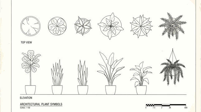 Architectural design elements featuring a diverse collection of plant symbols from top view and elevation perspectives, ideal for landscape planning and botanical illustrations