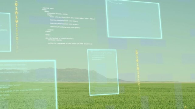 Single cyan panel rising over grass field, forming code and falling bits, fading back, showing tech