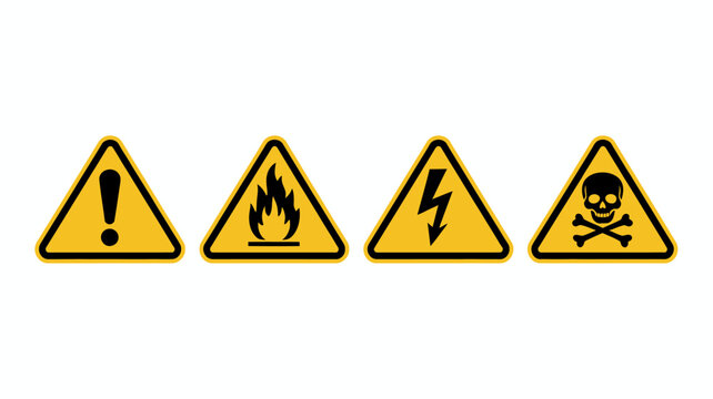 Four yellow triangular warning signs are displayed in a row depicting general danger flammability electricity and toxicity high quality professional detailed modern elegant stylish clean crisp