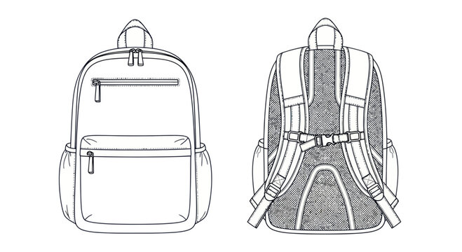 Backpack Front and Back View Line Drawing Fashion Design Sketch