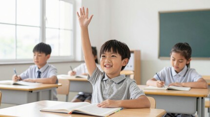 Fototapeta premium Cheerful student raises hand in classroom during engaging lesson