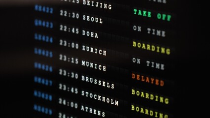 Fototapeta premium Airport departures board displaying international flight schedule.