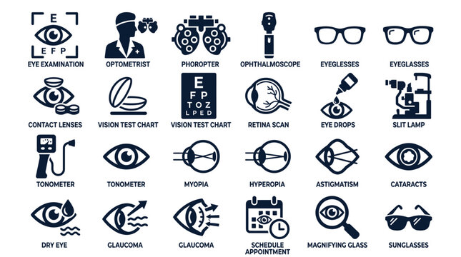 An eye examination clinic interior with various vision tests and equipment on display indoors.