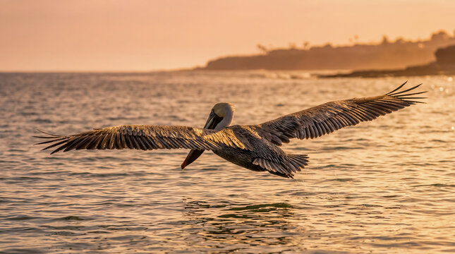 pelican flying ocean sunset shoreline wings spread seabird skimming above calm water in evening light with coastal reflections and marine atmosphere for travel branding editorial stories and decor
