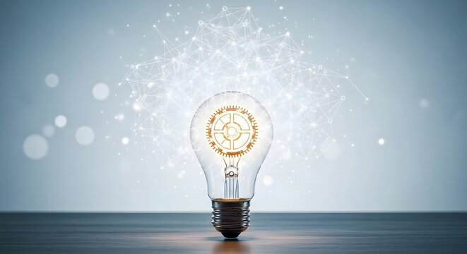 Bright electric light bulb on a wooden desk with an abstract digital network background for creative solution concepts.
