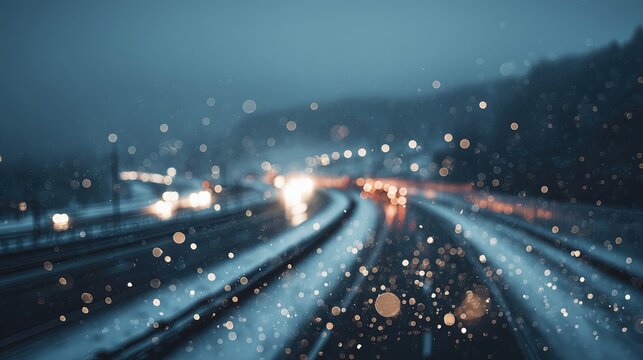 Snowy Highway Lights Blurred Through Falling Flakes in a Moody Blue Winter Night