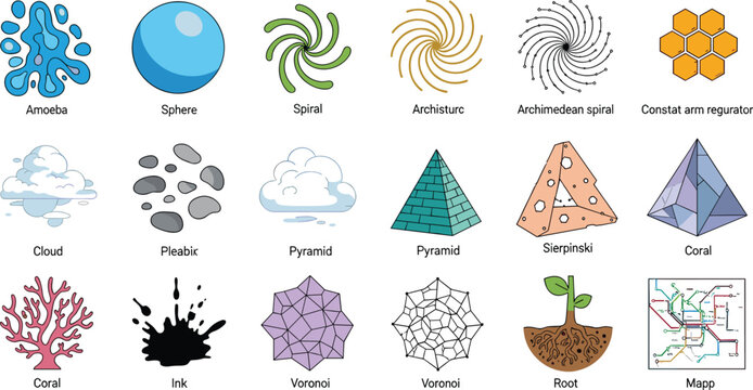 Nature and Geometric Pattern Icon Set with Amoeba, Sphere, Spiral, Pyramid, Cloud, Coral, Voronoi, Root, and Map for Science and Abstract Art Designs