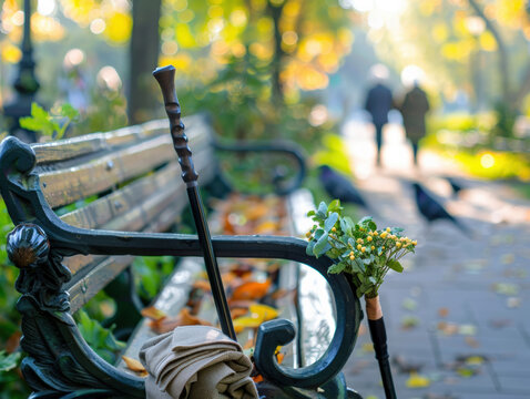 Foreground sharp focus on a folded walking cane and a small bouquet on a bench, shallow DOF, background shows blurred elderly parents chatting and feeding birds (side profiles only)