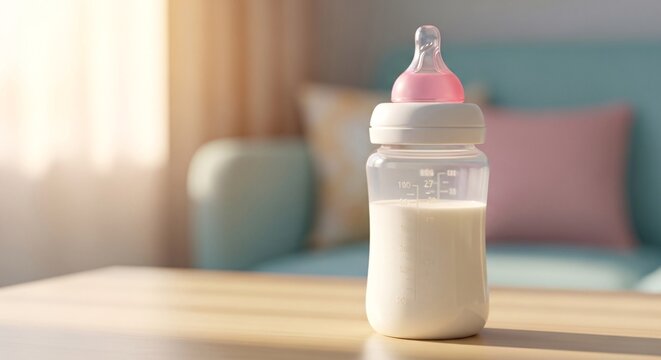 Baby bottle filled with milk on a wooden table with soft focus background