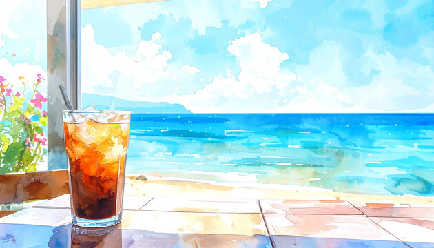 夏のアイスコーヒーと海辺のテラス席の水彩風イラスト　青い空と海が見えるリゾートカフェの風景素材　コピースペースのある爽やかな夏の休日をイメージした背景画像