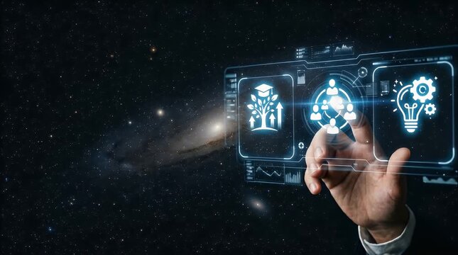 Blurred background transitions to a hand gently reaching toward a floating digital interface displaying icons for growth, collaboration, and innovation in a starry space, subtle lighting enhances the 