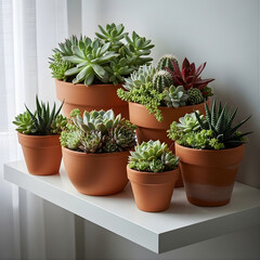 Fototapeta premium Minimalist indoor succulent collection in terracotta pots on a white shelf. Modern home decor with echeveria, haworthia, and cactus arrangement in bright natural light, biophilic urban jungle style.