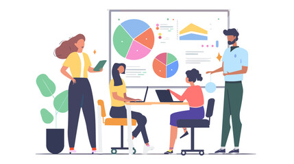 Fototapeta premium Team collaborates around a large presentation screen with charts.