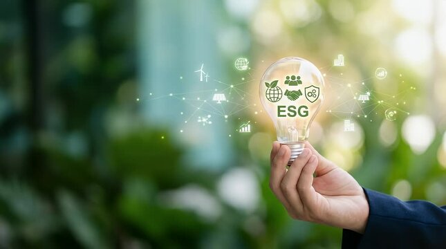 A person holds a glowing light bulb filled with ESG icons as it slowly zooms in, surrounded by a lush green background. Soft ambient light enhances the eco-friendly atmosphere, settling into a clear f