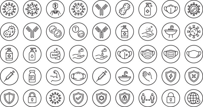 Virus and pandemic icons with protective measures for health and safety featuring masks and sanitization symbols.