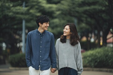 Fototapeta premium Smiling couple strolling hand-in-hand in a park, soft light, natural scene