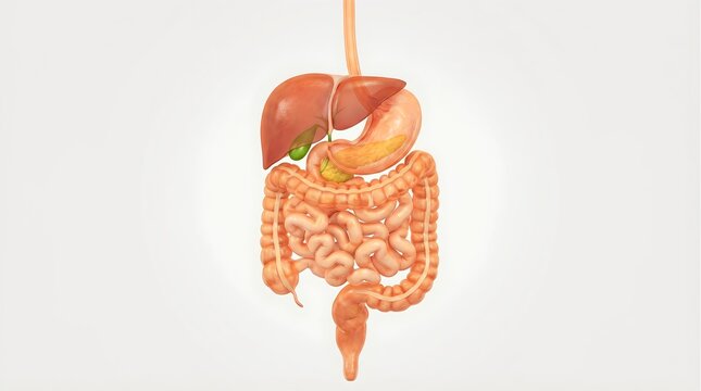 Human Digestive System Anatomy Illustration with Liver and Intestines