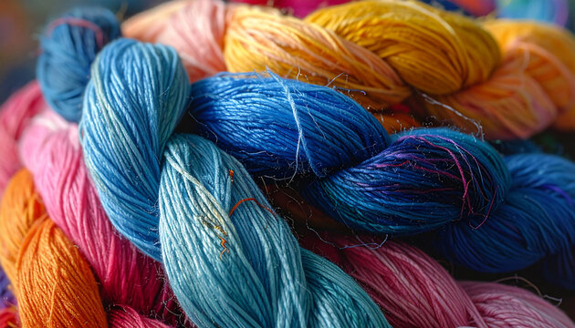 Close up of vibrant yarn skeins in various colors textile crafting concept