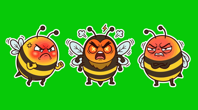 Three Angry Cartoon Bees with Furious Expressions on Green Background.