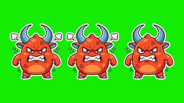 Three Angry Cartoon Bulls with Horns and Furious Expressions.