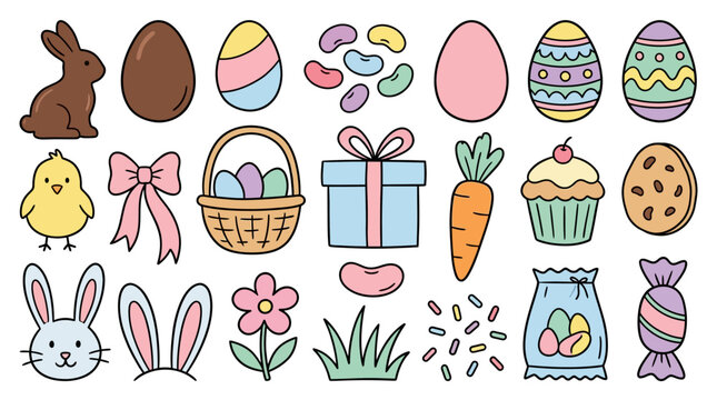 Colorful Easter icons set including chocolate bunnies eggs baskets candies flowers and treats for holiday decoration Element Set Element Bundle