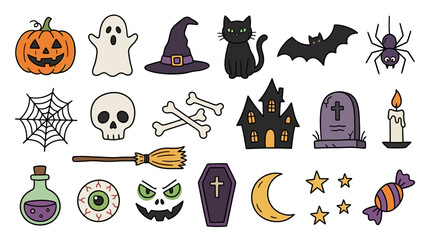 Halloween symbols and icons including pumpkin ghost witch hat black cat spider web skull bones broom potion eyeball monster face coffin haunted house tombstone bats stars moon and candy corn. Element  © Dikzma
