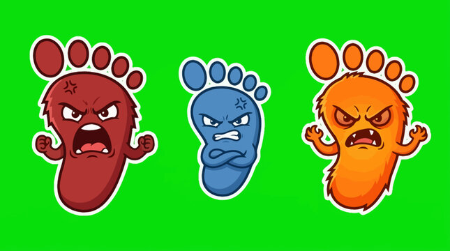 Three Angry Cartoon Footprints with Facial Expressions and Emotions.