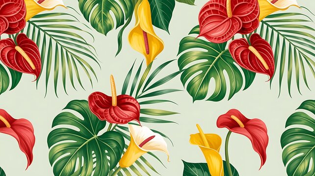 Vibrant tropical illustration featuring exotic flowers and lush green leaves.