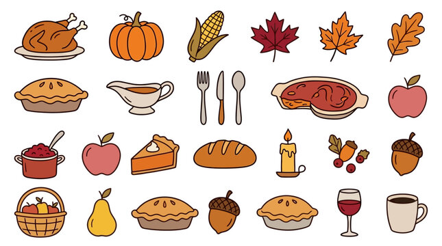 Thanksgiving dinner food and table setting icons symbols of autumn harvest and holiday meal including turkey pumpkin pie and fall leaves on a plain surface Element Set Element Bundle