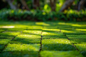 Naklejka premium Morning Sun Illuminating a Patterned Lawn, Generative AI