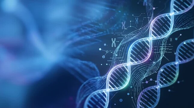 In a dim environment, digital particles drift in, revealing a glowing double helix structure with intricate data patterns. Ambient light enhances a futuristic atmosphere as the camera slowly pushes in