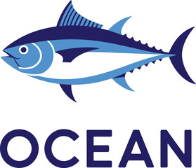 Obraz premium Blue tuna fish with the word ocean in dark blue text