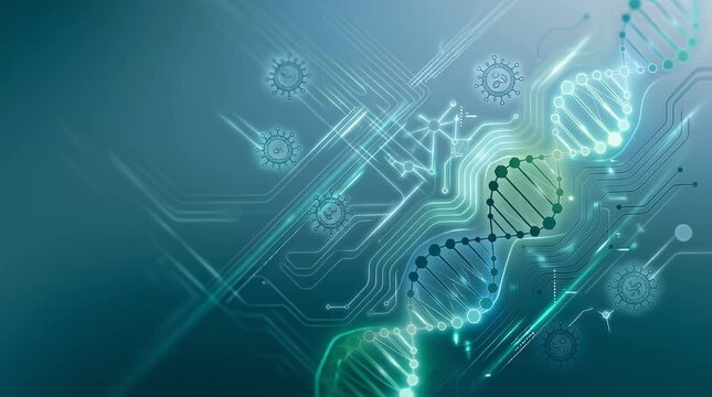 In a dim environment, digital particles drift in as a glowing DNA strand materializes, surrounded by abstract virus icons, with a soft ambient glow and smooth push-in camera movement, settling into a 